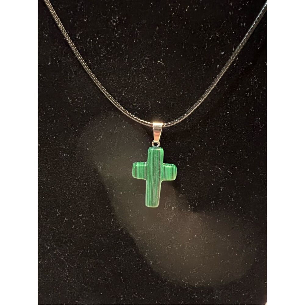 Green with Black Striped Stone Cross on a Black Necklace Cord